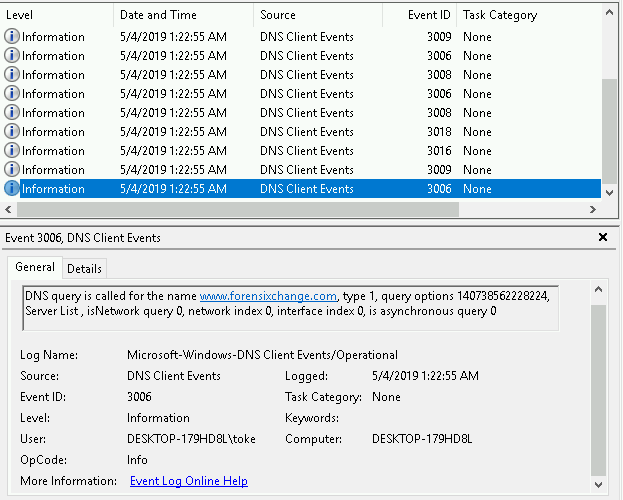 DNS event in the Event Viewer