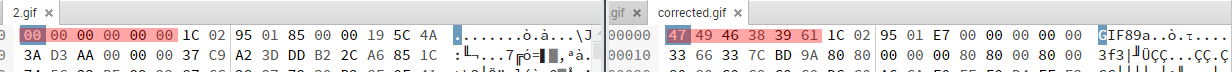 Comparing the corrupted and the corrected png header