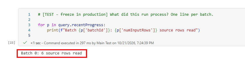 Output of the first run: the batches sent to Sentinel and the number of source rows each batch read